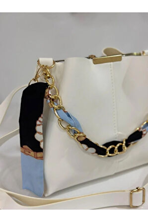 Fularlı 3 gözlü beyaz çapraz ve omuz çantası