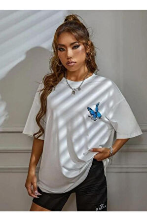Kelebek Baskılı Beyaz Bisiklet Yaka Yazlık Kısa Kollu Unisex T-shirt