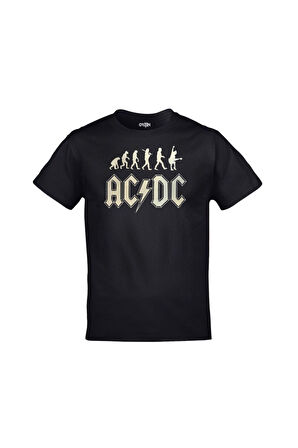 Unisex Siyah Ac Dc Evrim Baskılı Tişört