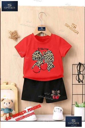 Çocuk UNISEX “KIRAZ LEOPAR KURDELE CHERRY YAZI“ Özel Baskılı Bisiklet Yaka Tişört - Şort Takım