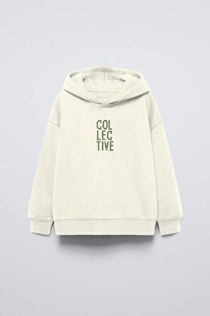Siyah Kapüşonlu Collective Yazılı Arka Fly Kn It Yazılı Oversize Çocuk Sweatshirt
