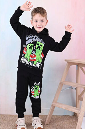 PJK3İ Minecraft Desenli Siyah 3 İp Şardonlu Kapşonlu %100 Pamuk Erkek Çocuk Eşofman Takımı 3-10 Yaş