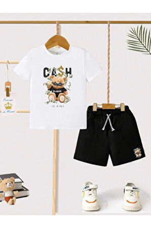 Çocuk Tasarım Bear Cash Baskılı T-Shirt Şort Alt Üst Takım %100 Pamuk
