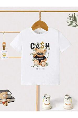 Çocuk Tasarım Bear Cash Baskılı T-Shirt Şort Alt Üst Takım %100 Pamuk
