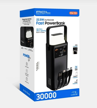 ACL PW-112 22.5W Outdoor Hızlı Şarj Powerbank Siyah – 30.000mAh Kapasite, Çoklu USB Çıkış, Dahili Kablo