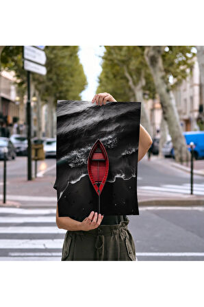 Çerçevesiz Poster, Dijital Baskı, Denizde Kırmızı Kayık , Ofis Salon Dekorasyon , Poster