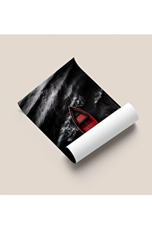 Çerçevesiz Poster, Dijital Baskı, Denizde Kırmızı Kayık , Ofis Salon Dekorasyon , Poster