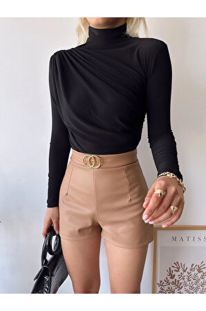 Kadın Siyah Dik Yaka Sandy Kumaş Büzgü Detaylı Bluz