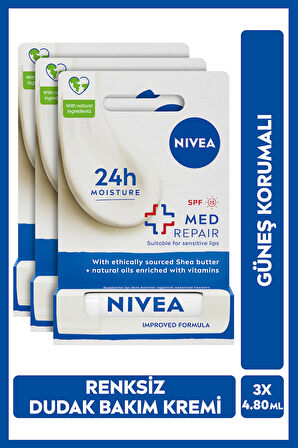 Renksiz Dudak Bakım Kremi Med Repair 4.8gr, 24 Saat Nem, Güneş Koruyucu, SPF15, X3 Adet