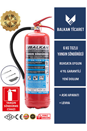 Yangın Söndürme Tüpü 6 Kg Tozlu 4 Yıllık Ruhsata Uygun (Askı Aparatı, Levha)