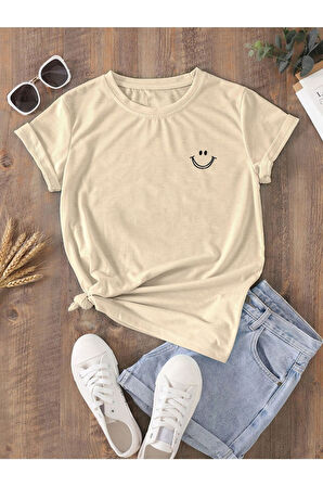 Büyük Beden Özel Üretim Smile Baskılı %100 Pamuk Oversize Yeni Trend Kadın T-shırt