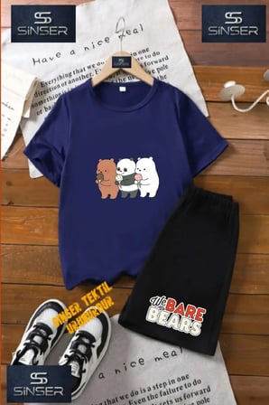 Çocuk UNISEX “PANDALAR 3LU DONDURMA“ Özel Baskılı Bisiklet Yaka Tişört - Şort Takım