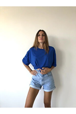 Unisex Pamuk Bisiklet Yaka Boyfriend Örme Oversize T-shirt