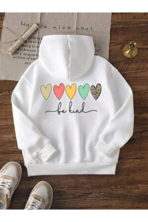 Kız Çocuk Beyaz Sırt Ve Ön Baskılı Minimal Kalpler Kapşonlu Sweatshirt