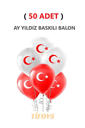( 50 Adet ) Ay Yıldız Baskılı Lateks Balon Kırmızı Beyaz