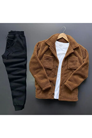 Peluş Ceket + Kışlık Eşofman 2li Kombin - Kahve Rengi