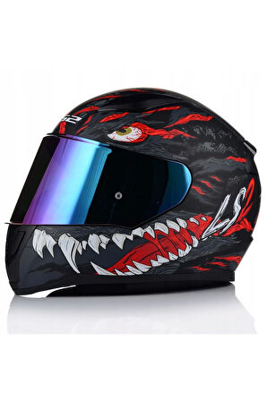 Rapıd 2 Kaıju Mat Siyah-Kırmızı Fullface Motosiklet Kaskı Mavi Camlı