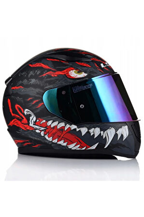 Rapıd 2 Kaıju Mat Siyah-Kırmızı Fullface Motosiklet Kaskı Mavi Camlı