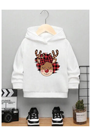 Çocuk Tasarım Merry Geyik Ekose Baskılı Kapüşonlu Sweatshirt Pamuklu