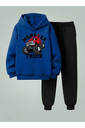 Erkek Çocuk Kapüşonlu Takım MONSTER Baskılı 3 İplik Şardonlu Sweatshirt - Eşofman Takım
