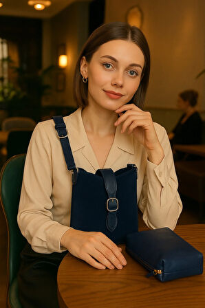 Lüks Süet Deri Detaylı Omuz Çantası & Makyaj Çantası Hediyeli