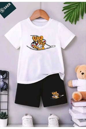 Baskılı Bisiklet Yaka Erkek ve Kız Çocuk Takımı Pamuklu T-shirt ve Şort, Yazlık Konforlu Takım