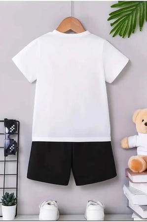 Baskılı Bisiklet Yaka Erkek ve Kız Çocuk Takımı Pamuklu T-shirt ve Şort, Yazlık Konforlu Takım