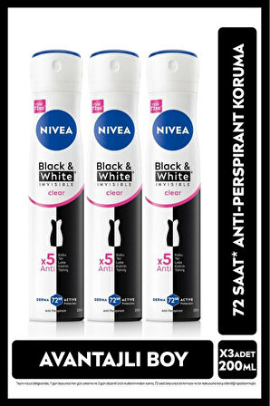 Kadın Sprey Deodorant Black&White Invisible Clear 200ml, 72 Saat Anti-perspirant Ter Koruma, X3Adet
