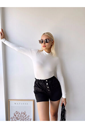 Kadın Beyaz Dik Yaka Uzun Kol Viskon Bluz