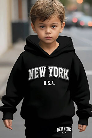 New York Baskılı Çocuk Kapşonlu Ve Kanguru Cepli Takım