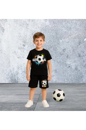 Baskılı Bisiklet Yaka Erkek ve Kız Çocuk Takımı Pamuklu T-shirt ve Şort, Yazlık Konforlu Takım