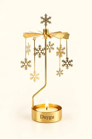 Kişiye Özel İsimli Dönen Mumluk Kar Tanesi Figürlü Altın Metal Tealight Mum Tutucu Yılbaşı 18 cm