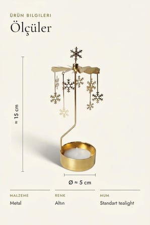 Kişiye Özel İsimli Dönen Mumluk Kar Tanesi Figürlü Altın Metal Tealight Mum Tutucu Yılbaşı 18 cm