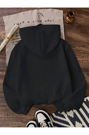 Kız\Erkek Çocuk Siyah Minimal Kurdele Baskılı Kapşonlu Sweatshirt