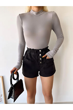 Kadın Gri Dik Yaka Uzun Kol Viskon Bluz