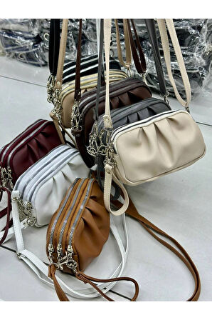 Kadın Çapraz Askılı Çok Gözlü Fermuar Detaylı Omuz Çantası