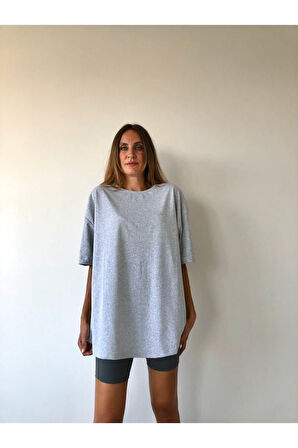 Unisex Pamuk Gri Bisiklet Yaka Boyfriend Örme Oversize T-shirt