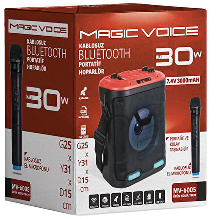 MAGICVOICE MV-6005 VHF EL MİKROFONU+USB+SD+BT 30 WATT IŞIKLI TAŞINABİLİR ŞARJLI SEYYAR ANFİ