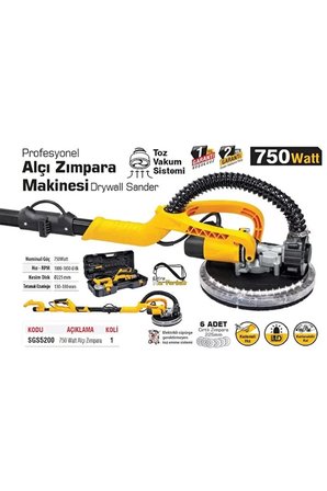 SGS 5200 Profesyonel Alçı Zımpara Makinesi 750 Watt Toz Emmeli LED Işıklı