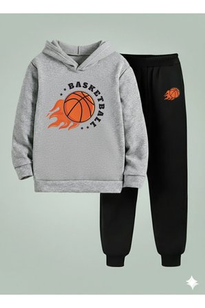 Çocuk Erkek Kapüşonlu Takım BASKET TOPU 3 İplik Şardonlu Sweatshirt - Eşofman Takım