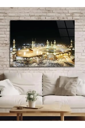Mescidi Haram Mekke Gece Işıklı Panoramik Kabe Manzarası İslami Duvar Dekoru Kırılmaz Temperli Cam Tablo