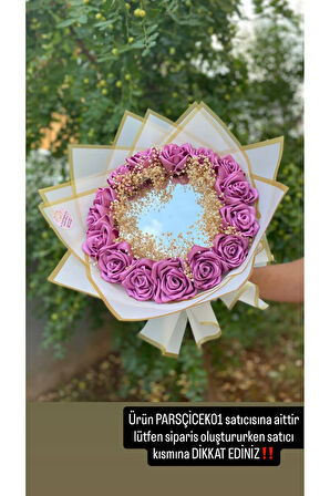 Aynalı Gül Buketi Aynali Buket Yapay Solmayan Gül Mor Gül Ve Cipso Detaylı