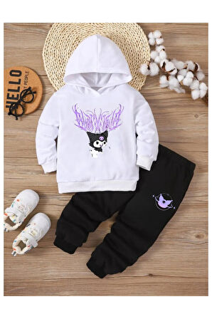 Çocuk Tasarım Kuromi Mor Baskılı Kapüşonlu Sweatshirt Pamuklu