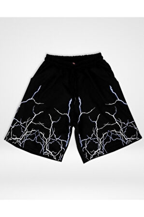Flamme Yıldırım Baskılı Unisex Siyah Şort