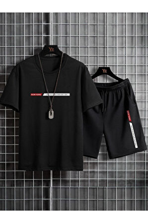 Unisex Siyah Newyork Baskılı Oversize Şort T-shirt Takım
