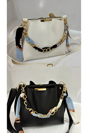 Kadın 2 Li Paket Fularlı Zincir Aksesuarlı Yumuşak Deri 3 Bölmeli El Kol Ve Omuz Çantası