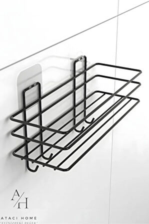 Paslanmaz Yapışkanlı 4 Kancalı Banyo Rafı Mat Siyah Banyo Şampuanlık Duşakabin Duş Askısı