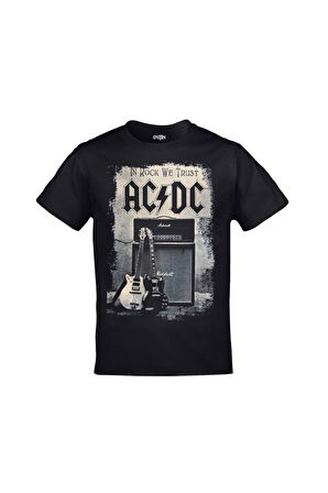 Unisex Siyah Ac Dc In Rock We Trust Baskılı Tshirt