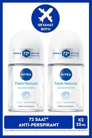 Kadın Roll-on Deodorant Fresh Natural 25ml, 72 Saat Anti-perspirant Koruma, Seyahat Boyu, Alkolsüz