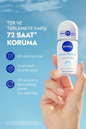 Kadın Roll-on Deodorant Fresh Natural 25ml, 72 Saat Anti-perspirant Koruma, Seyahat Boyu, Alkolsüz